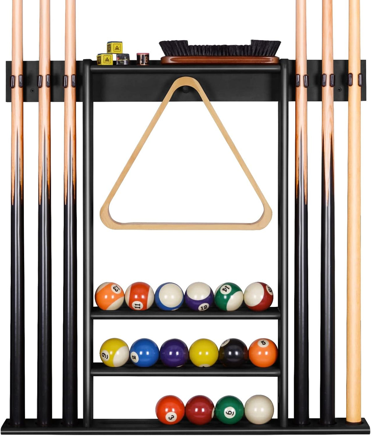 Front view of a black wall cue rack with triangle, three rows of pool balls and cues on each side.