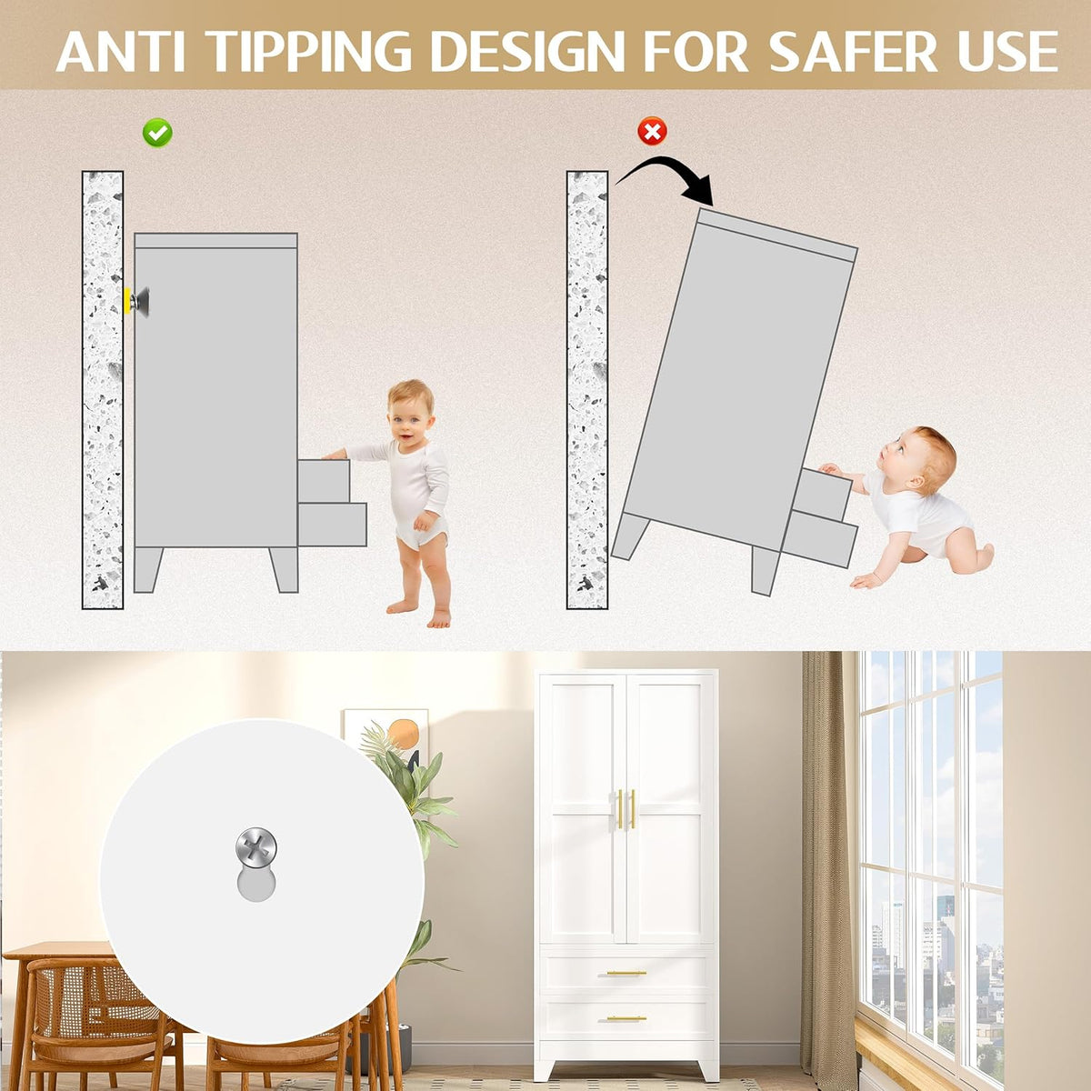 Graphic illustrating anti‑tipping design with wall anchor holes alongside a closed white wardrobe in a bright room setting.