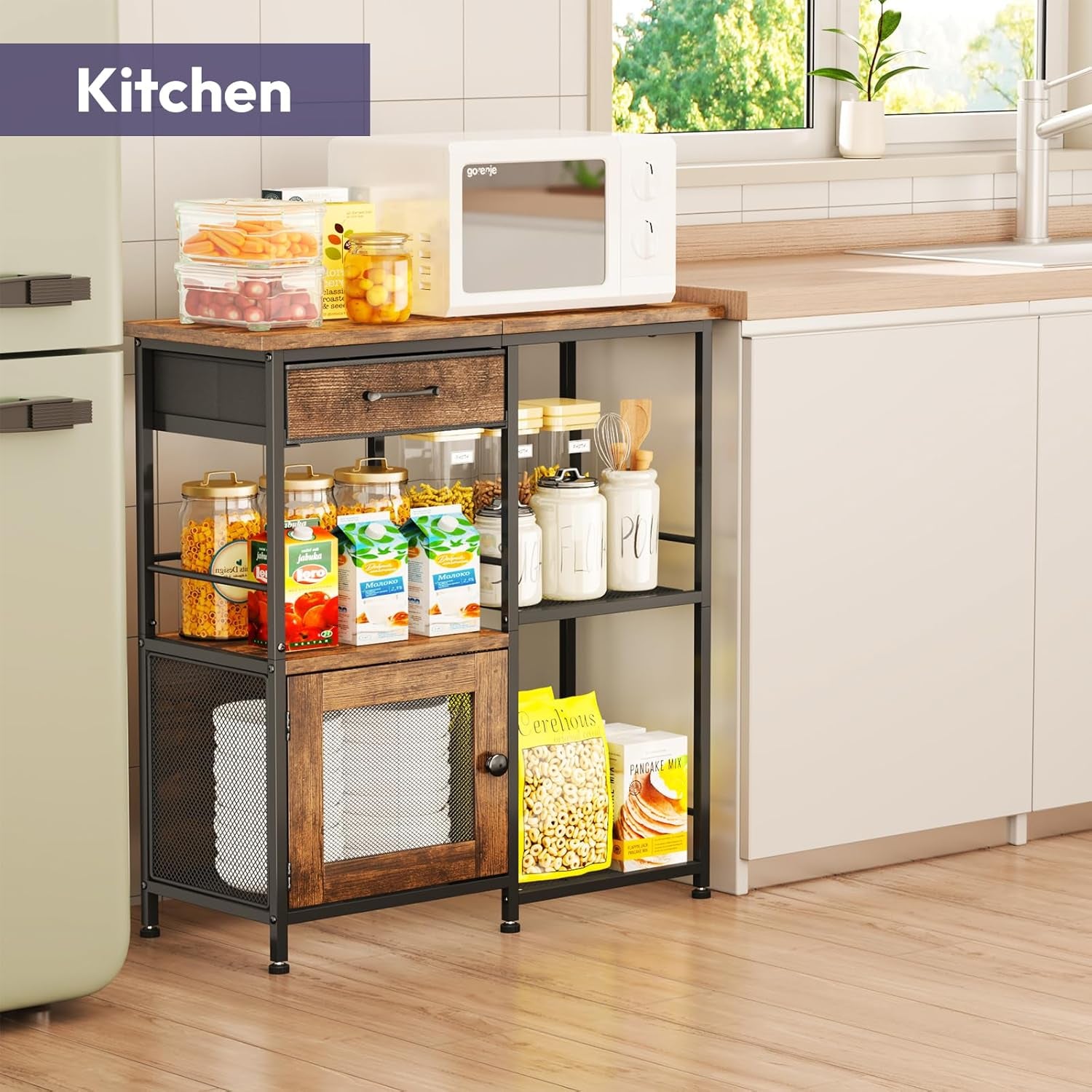 Espresso-finish buffet sideboard by a kitchen counter with microwave on top and jars, cereal boxes on shelves.