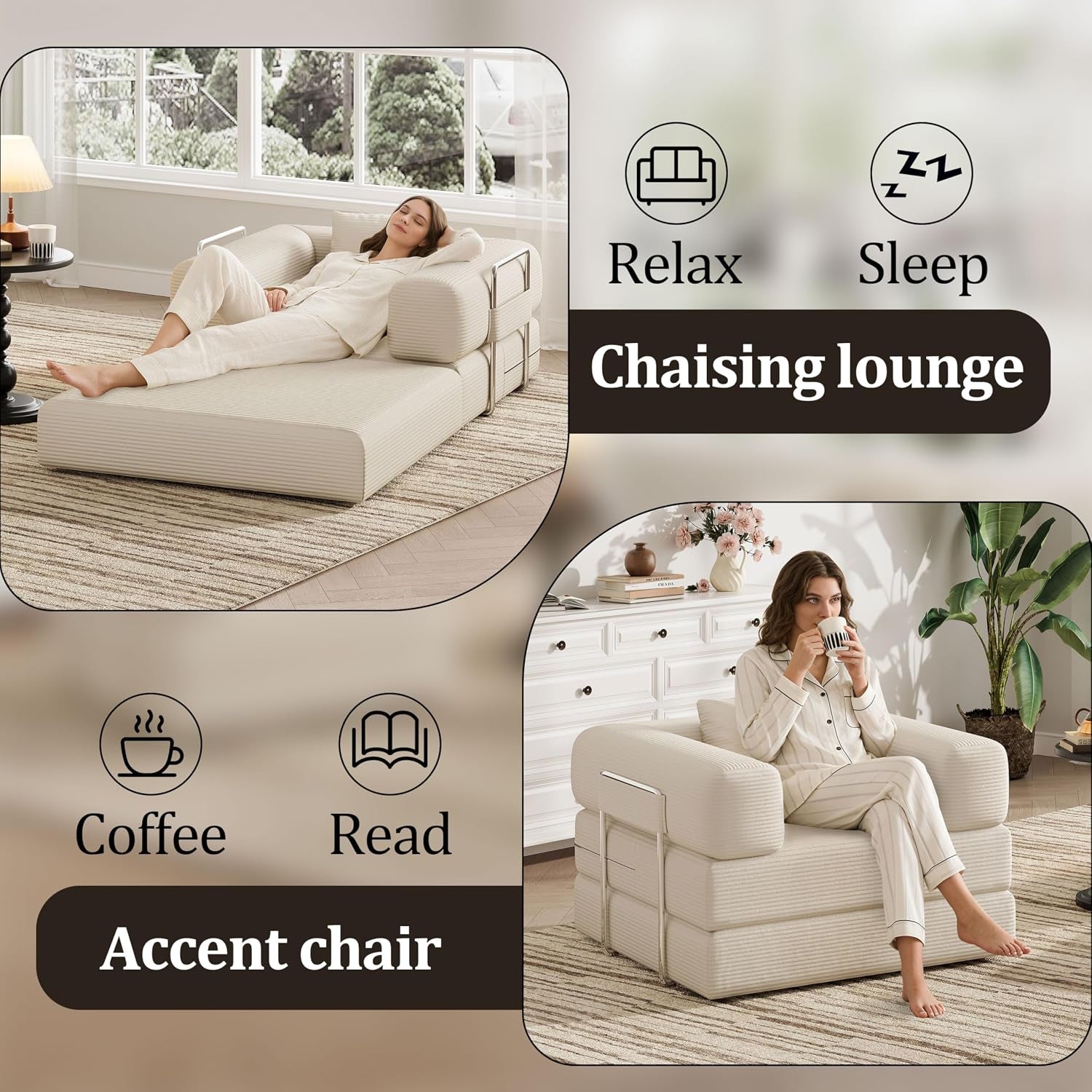 Single Couch Sofa for Small Spaces 2 in 1 Convertible Sofa to Lounger Comfy Bean Bag Chair for Adults with Removable Cover with Pillows for Bedroom, Apartment, Office (Beige, 35.43" Single Sofa)