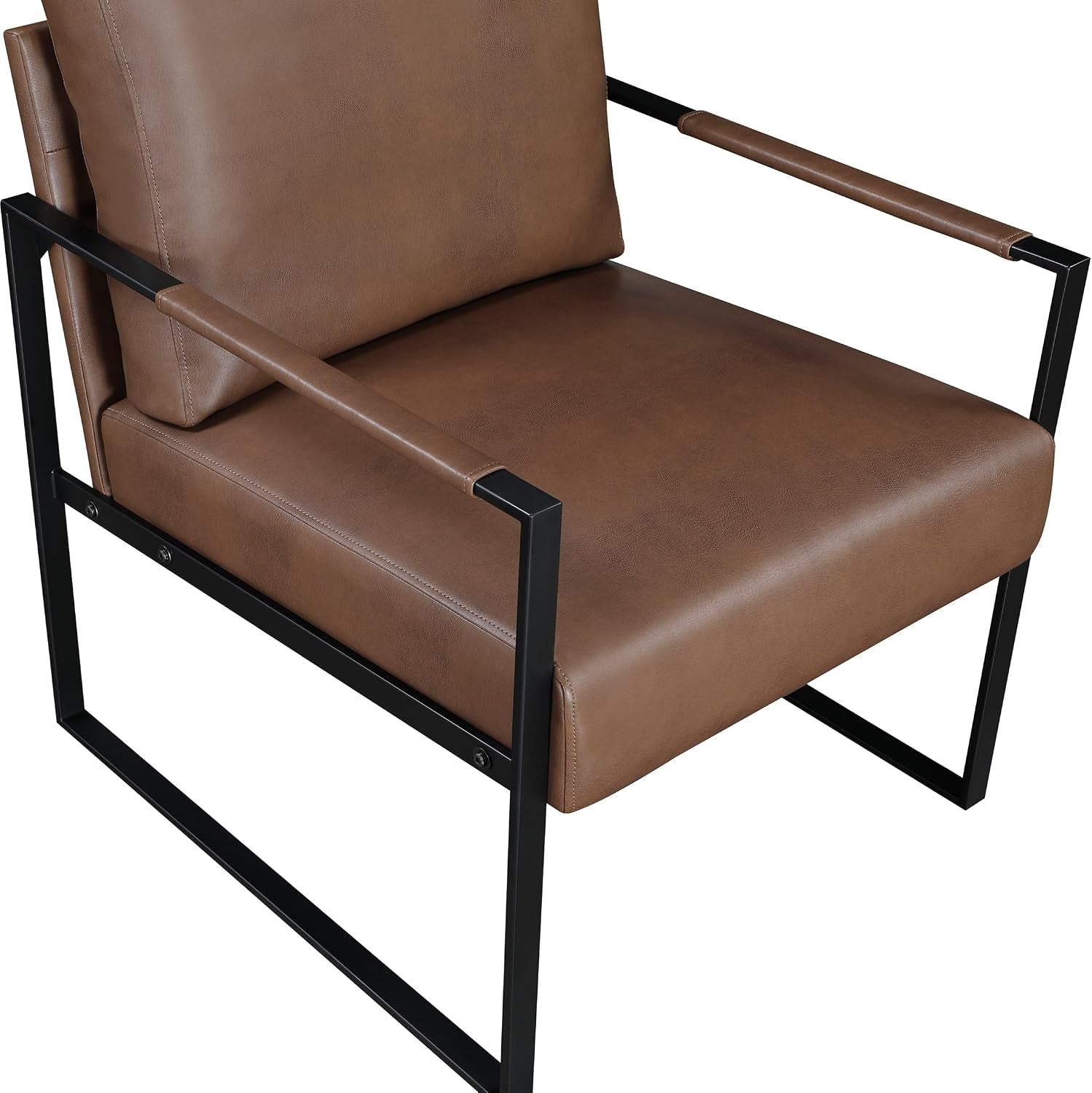 Close three-quarter view highlighting the seat cushion, arm padding, and black metal side supports.