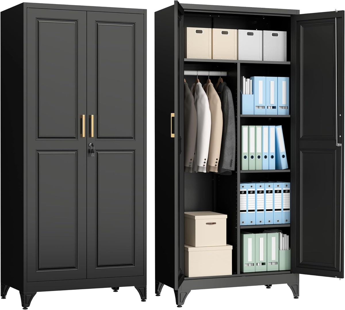 Front view of a two-door metal wardrobe; left doors closed, right doors open showing hanging coats and organized shelves.