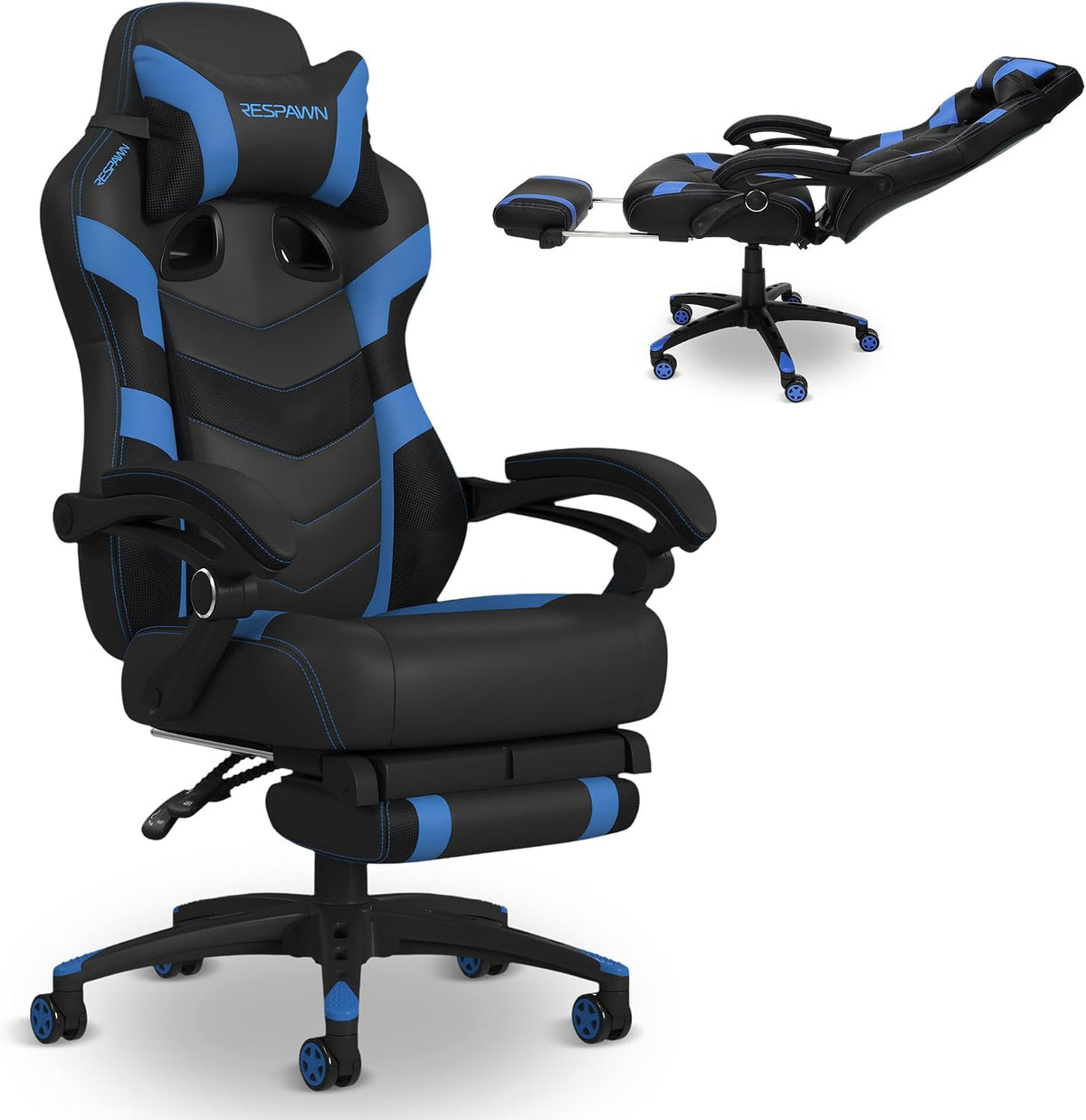 Black and blue version shown upright in foreground with a small inset showing the chair reclined flat with footrest extended.