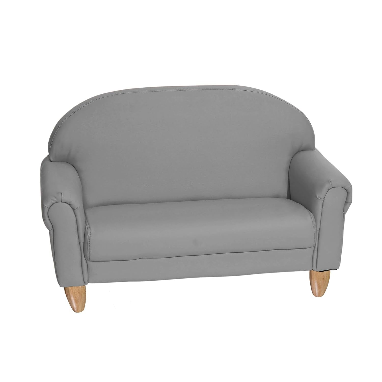 Front view of a gray kids two-seat sofa with light wood legs