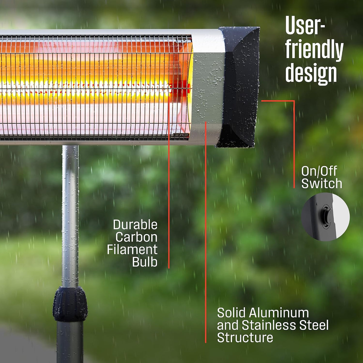 Close side view of the heater head and telescoping pole with raindrops and feature callouts