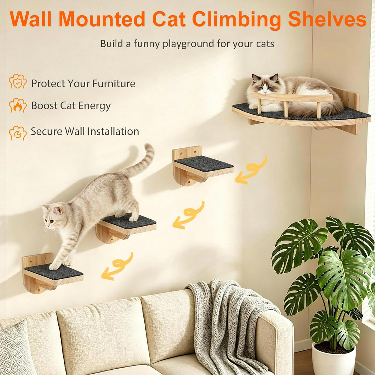 Wall-mounted cat climbing shelves above a sofa with three steps in natural wood and grey pads
