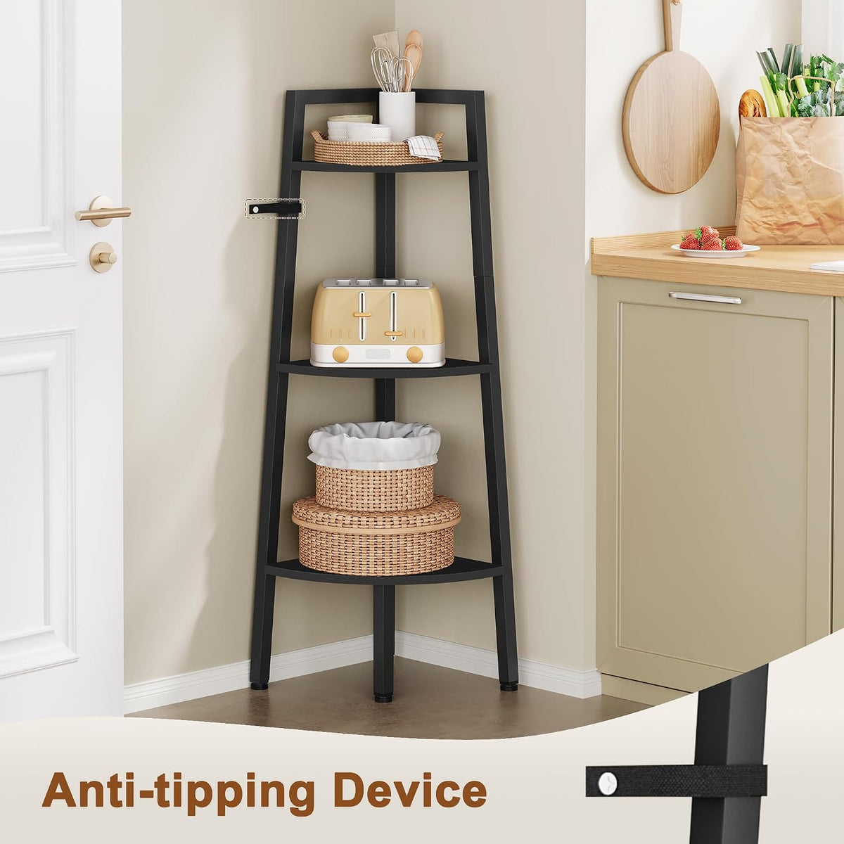Black corner shelf placed in a kitchen nook holding a toaster and woven storage baskets, angled view