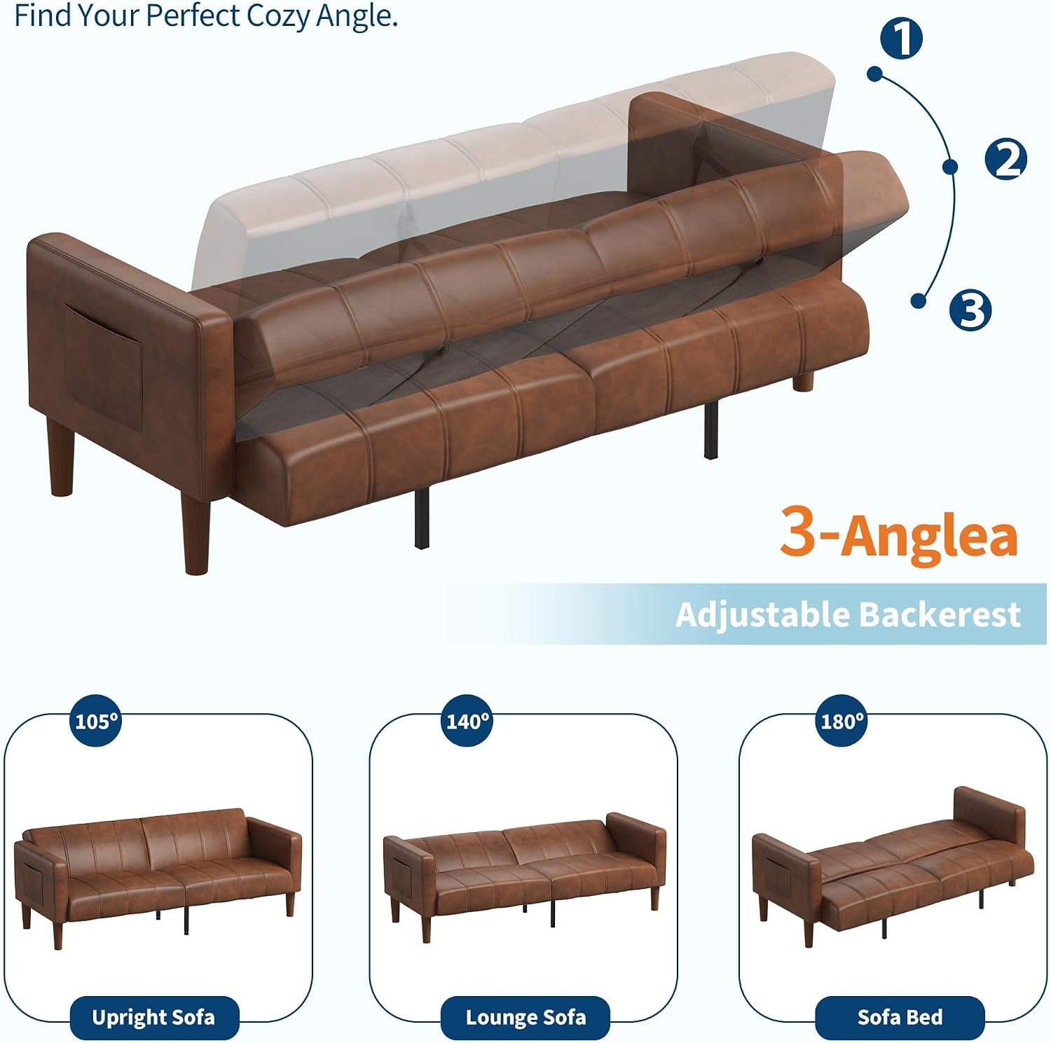 Illustration showing three adjustable backrest positions: upright, lounge, and flat