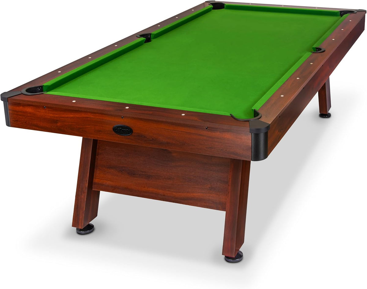 Front three-quarter view of a wood-finish pool table with bright green felt on a white background.