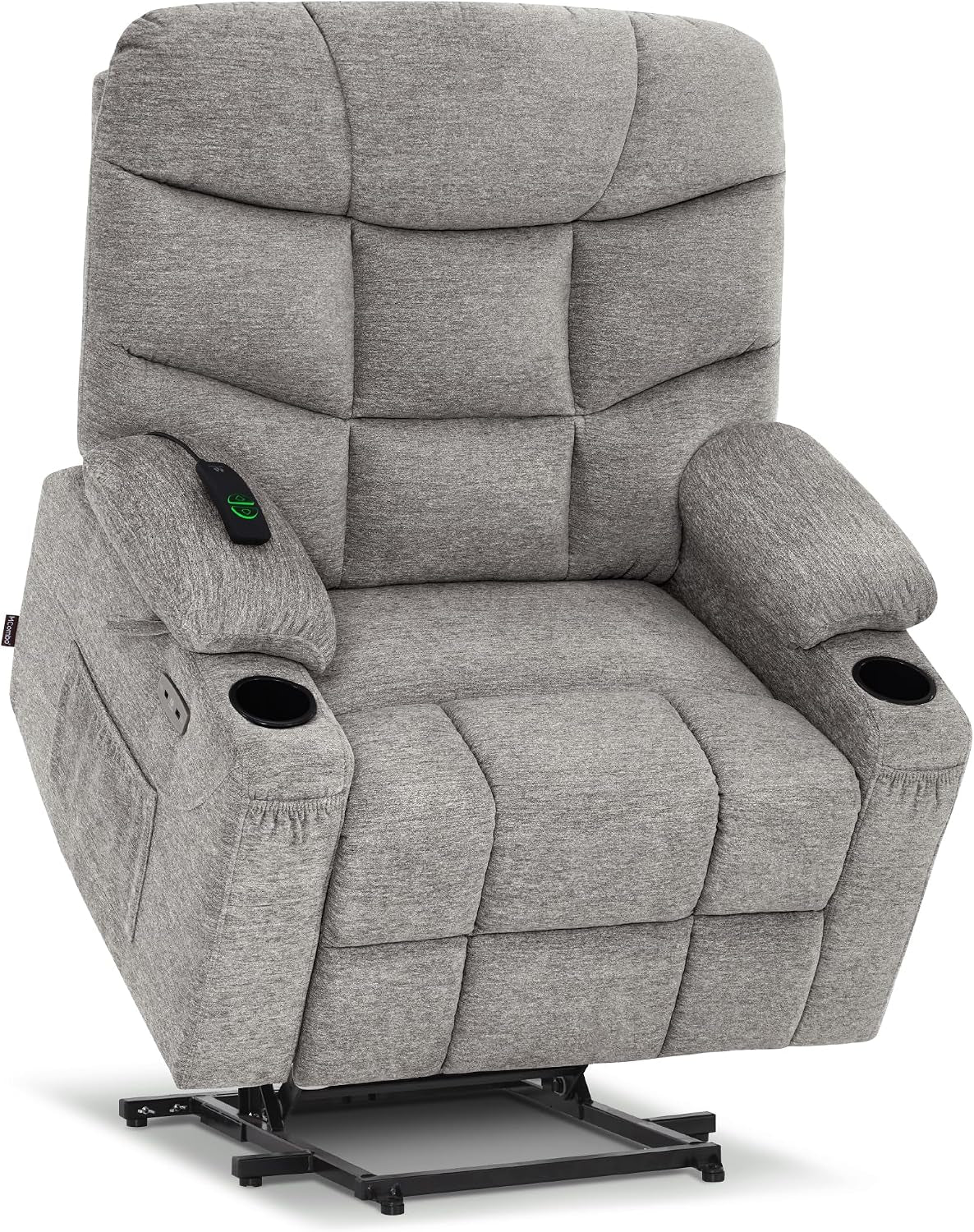 Front-facing view of a light gray fabric lift recliner with plush armrests and a handheld remote resting on the left arm.