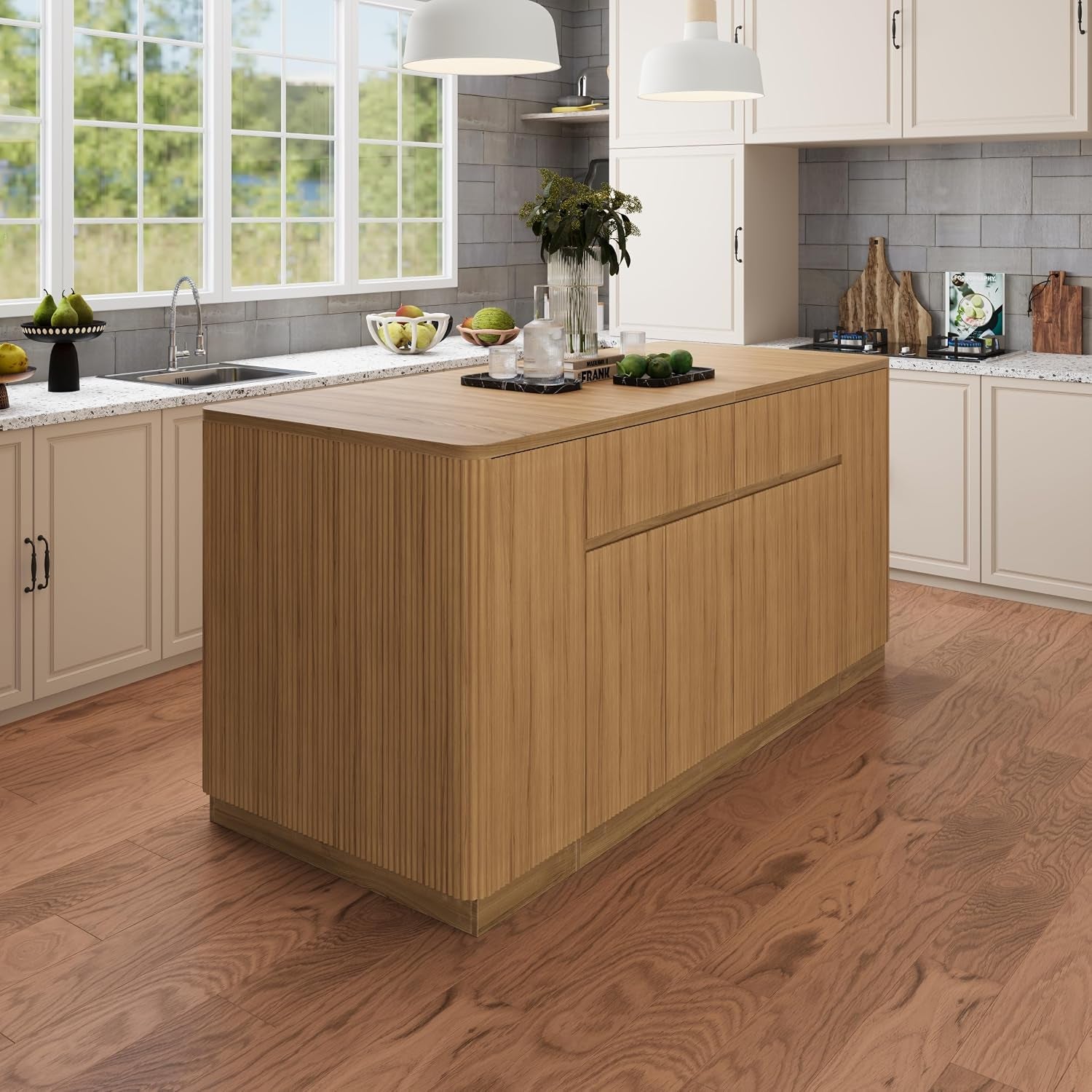 Wood-grain kitchen island three-quarter front view in bright kitchen with countertops and windows