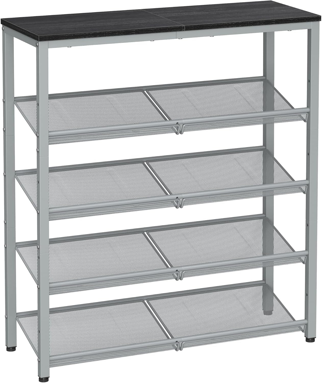 Front view of the same shoe rack in a light gray frame with a dark wood-like top and four angled mesh shelves.