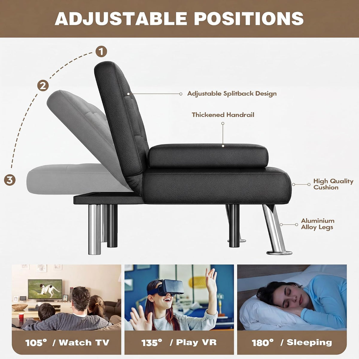 Side-view graphic shows the black futon backrest in three reclining positions.