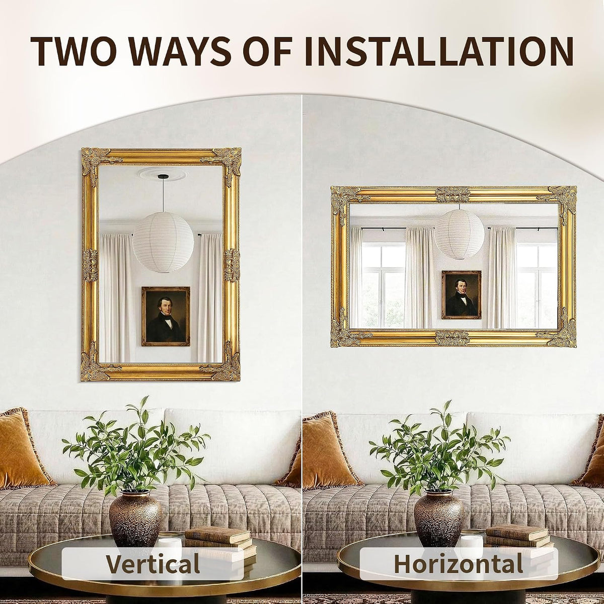 Room view showing the same gold rectangular mirror mounted vertically and horizontally above a sofa