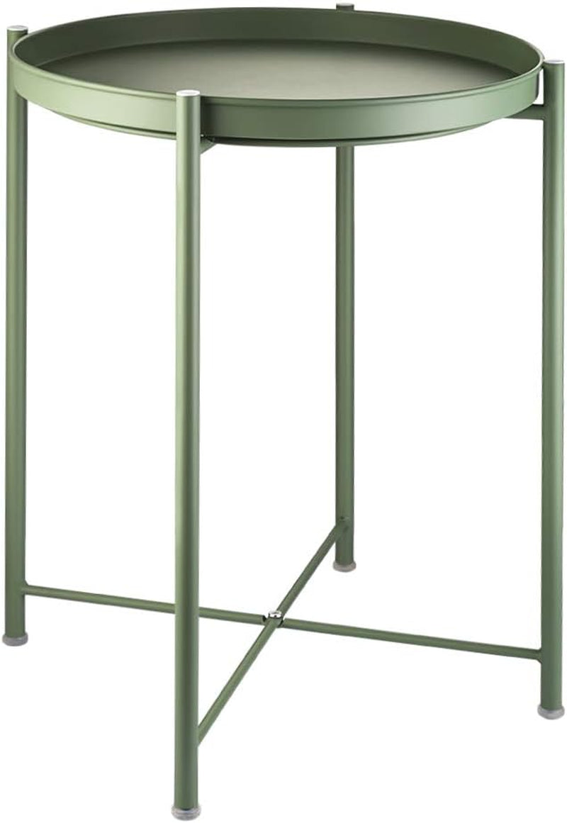 Round green metal side table with raised rim and slender legs joined by X-shaped braces