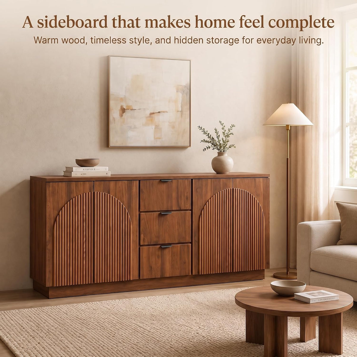 Front detail of walnut sideboard highlighting arched reeded door texture and warm finish