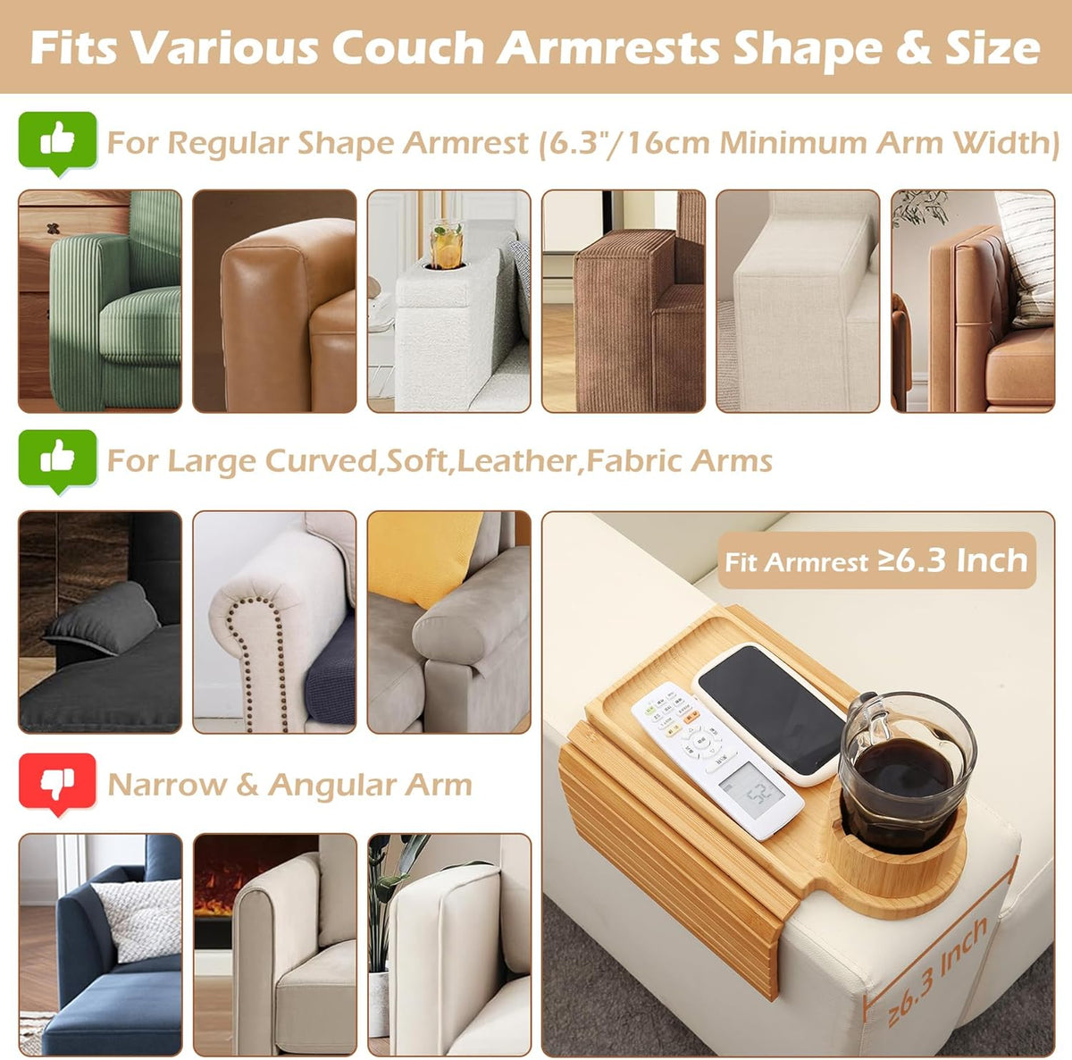 Graphic showing compatible couch armrest shapes and a demonstration of the tray fitting armrests 6.3 inches or wider