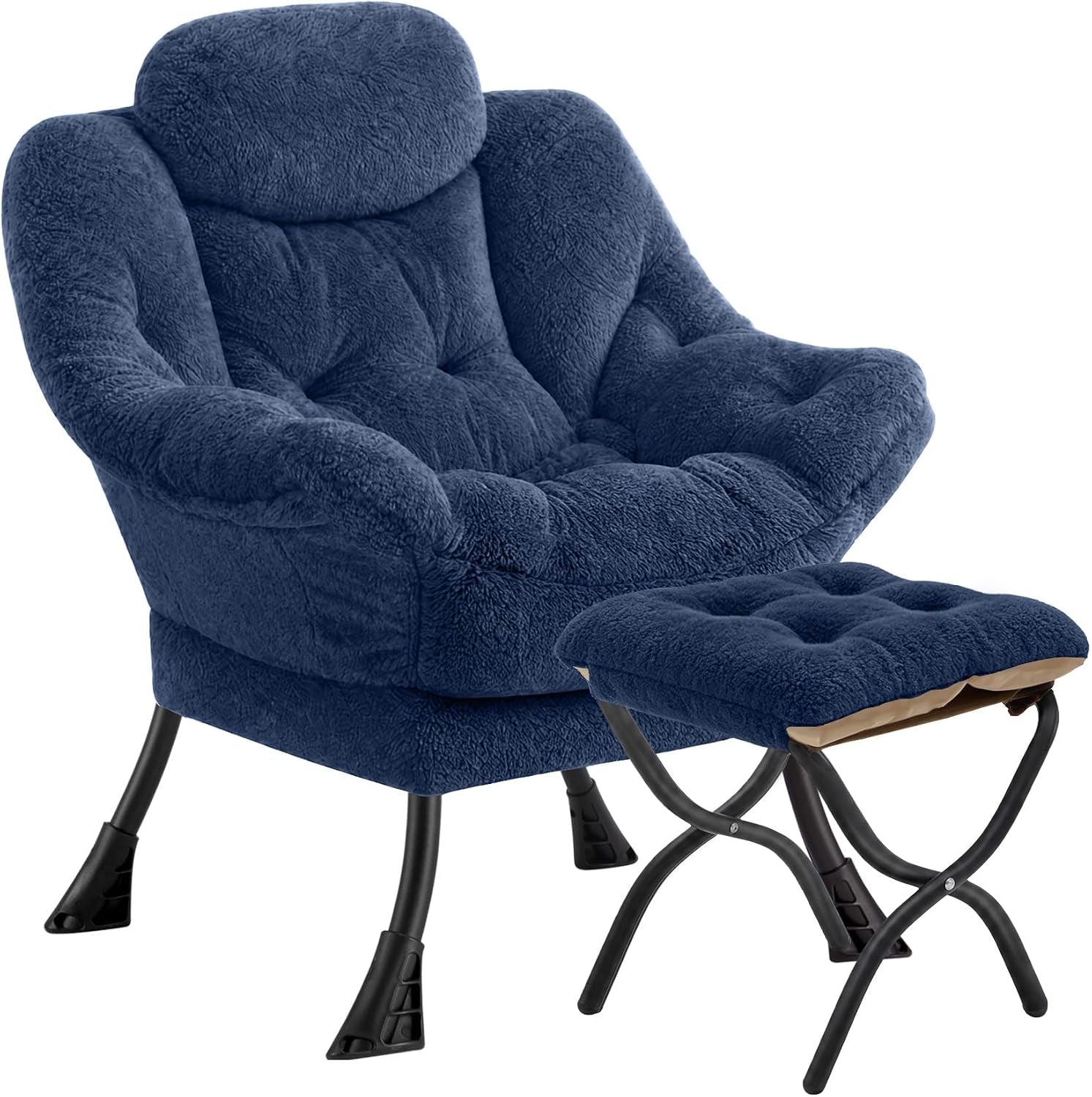 Plush navy blue folding lounge chair with tufted ottoman and curved black metal legs.