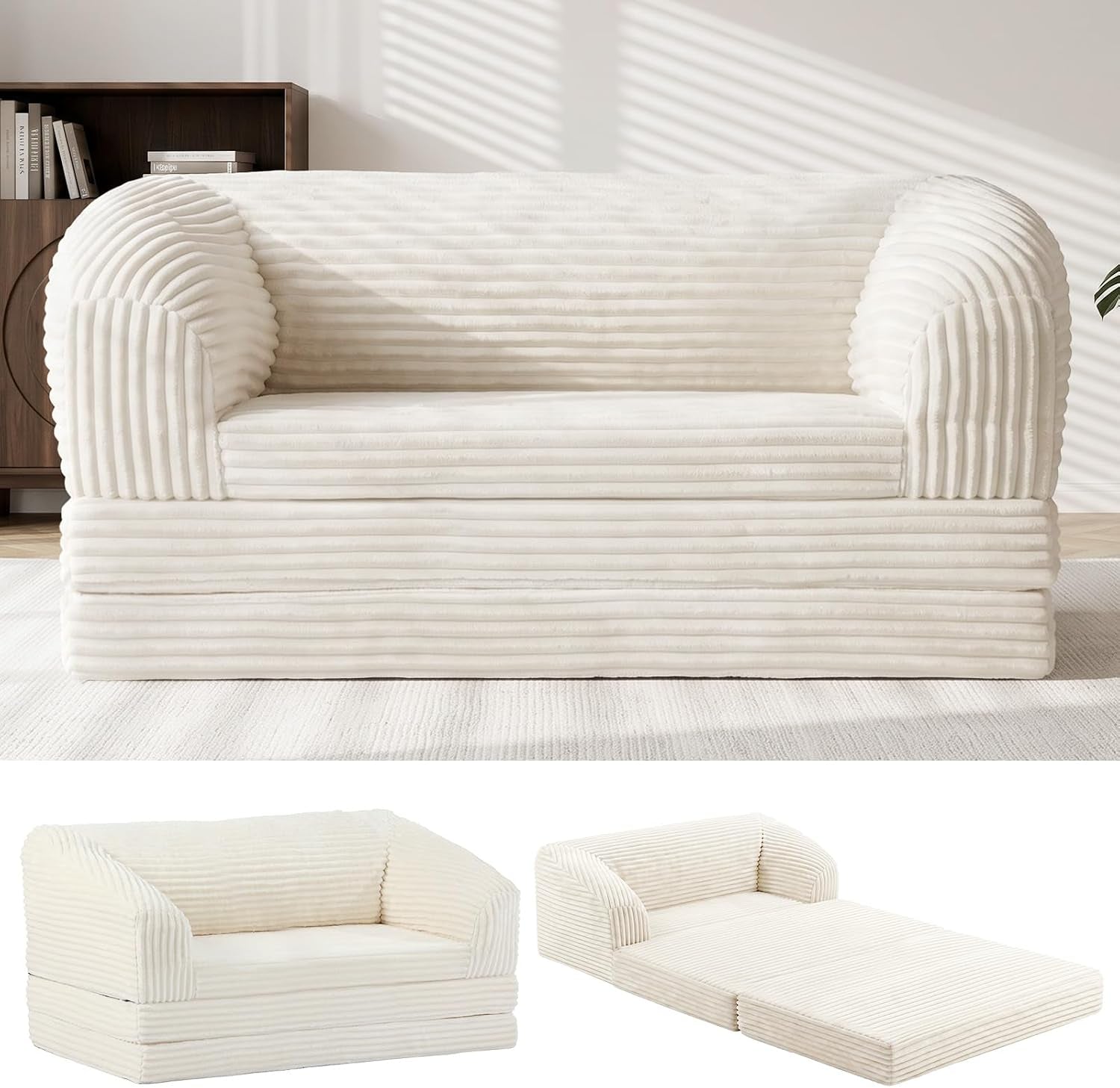 Front view of a cream‑white ribbed corduroy loveseat on a light rug with two smaller images showing the sofa and the