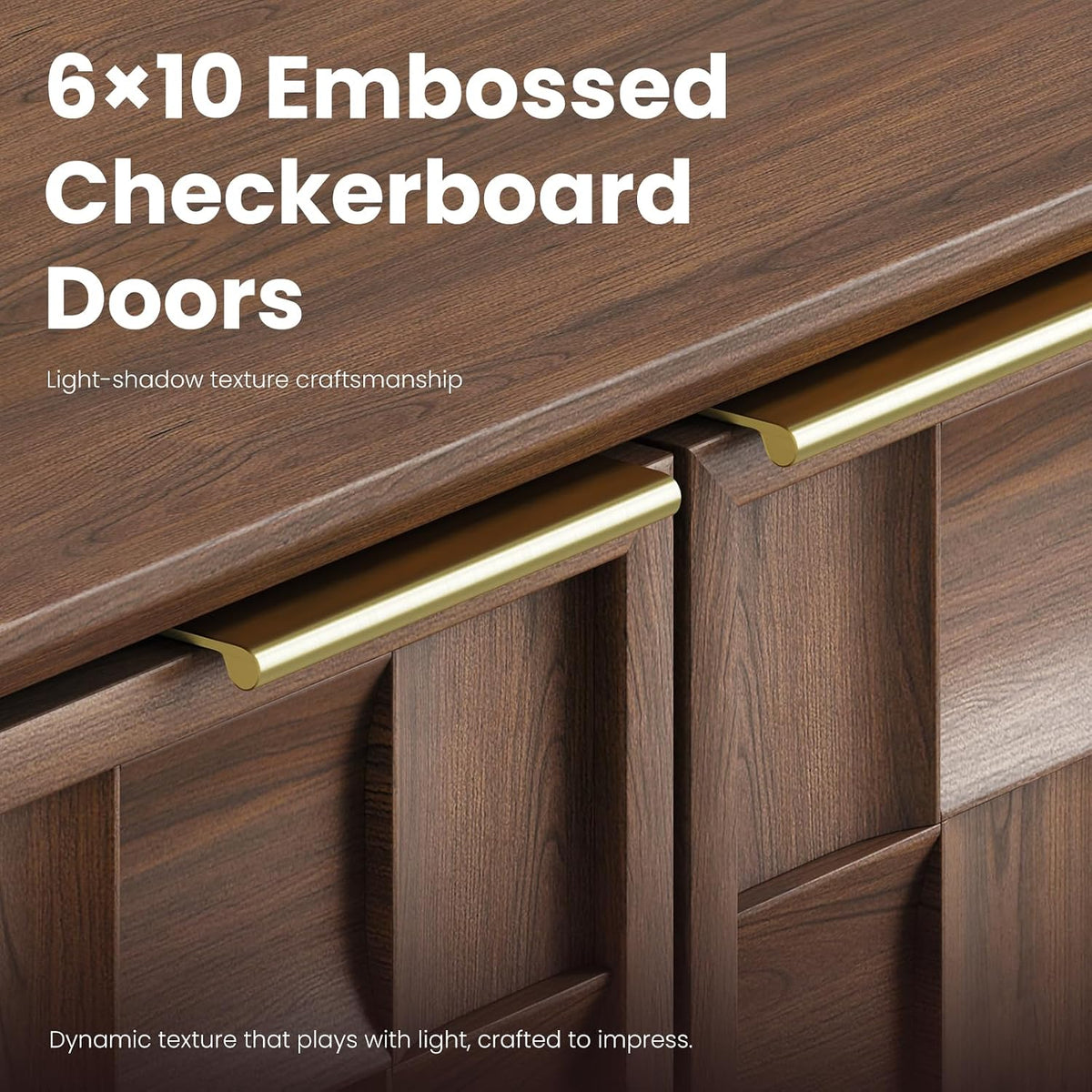 Close-up of embossed 6x10 checkerboard solid wood doors and anodized metal handles in walnut finish