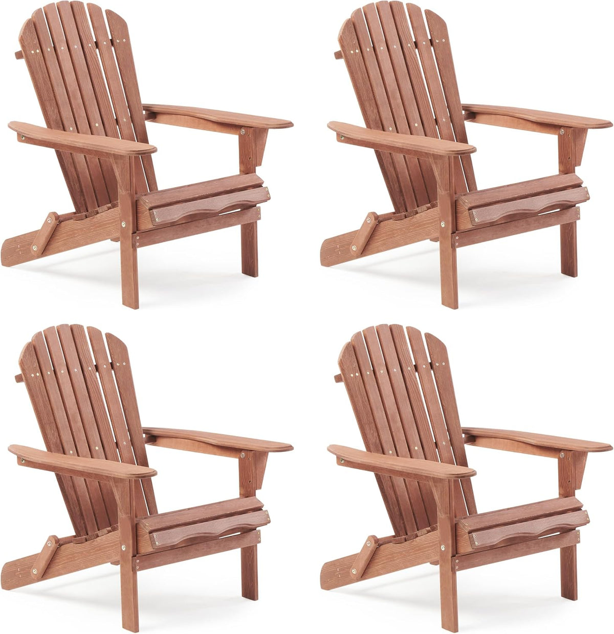 Four natural wood Adirondack chairs arranged in a two-by-two grid, each at a three-quarter angle