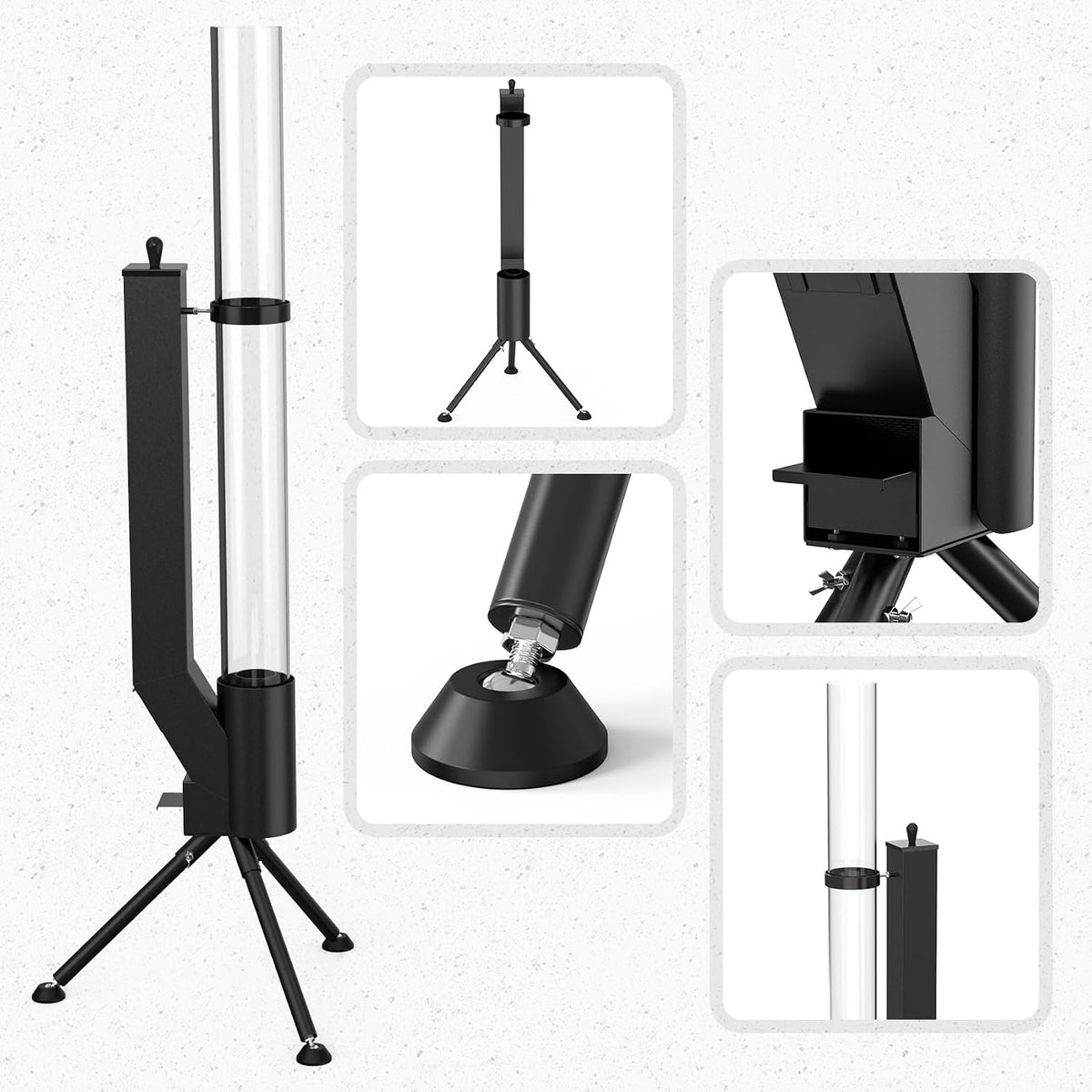 Detail collage showing pellet feeding hopper, foot pad, ash pan and clear glass tube on black heater