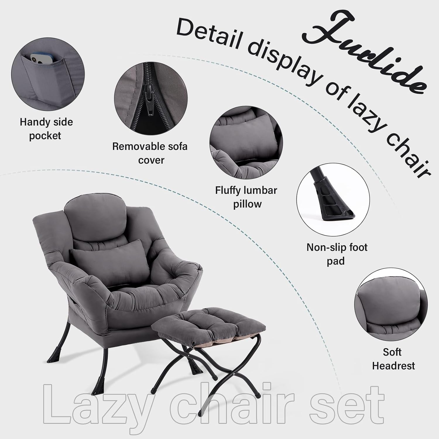Studio shot of the gray chair and ottoman with circular close-ups of side pocket, zipper, lumbar pillow, foot pad and