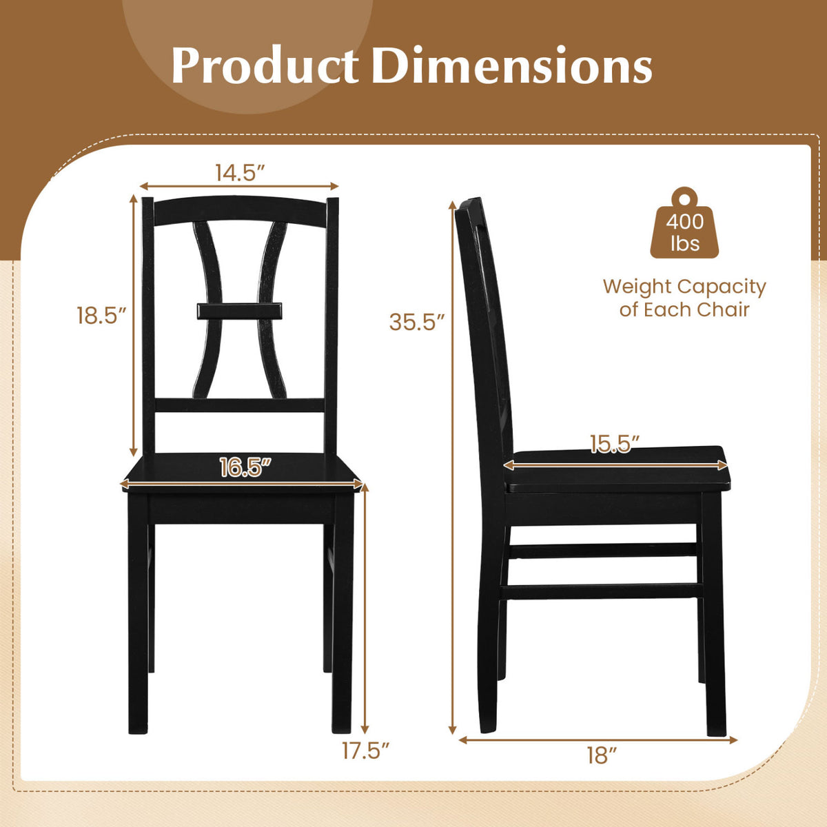 Front and side views of a black cross-back chair with measurement arrows.