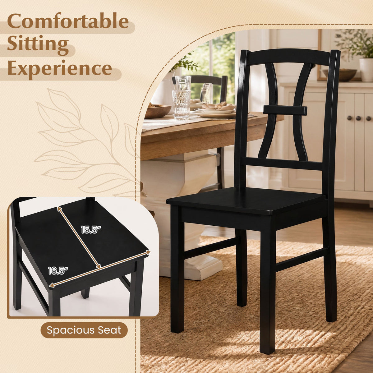 A dark crossed-back chair beside a dining table, with an inset view of its seat.