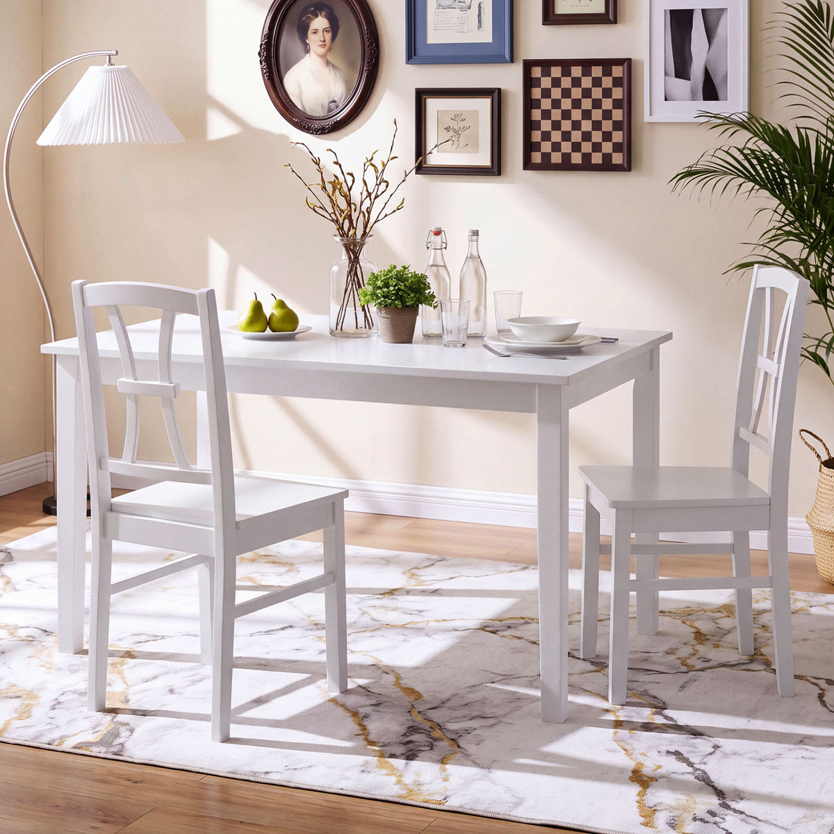 Two white cross-back chairs arranged at a dining table in a bright room.