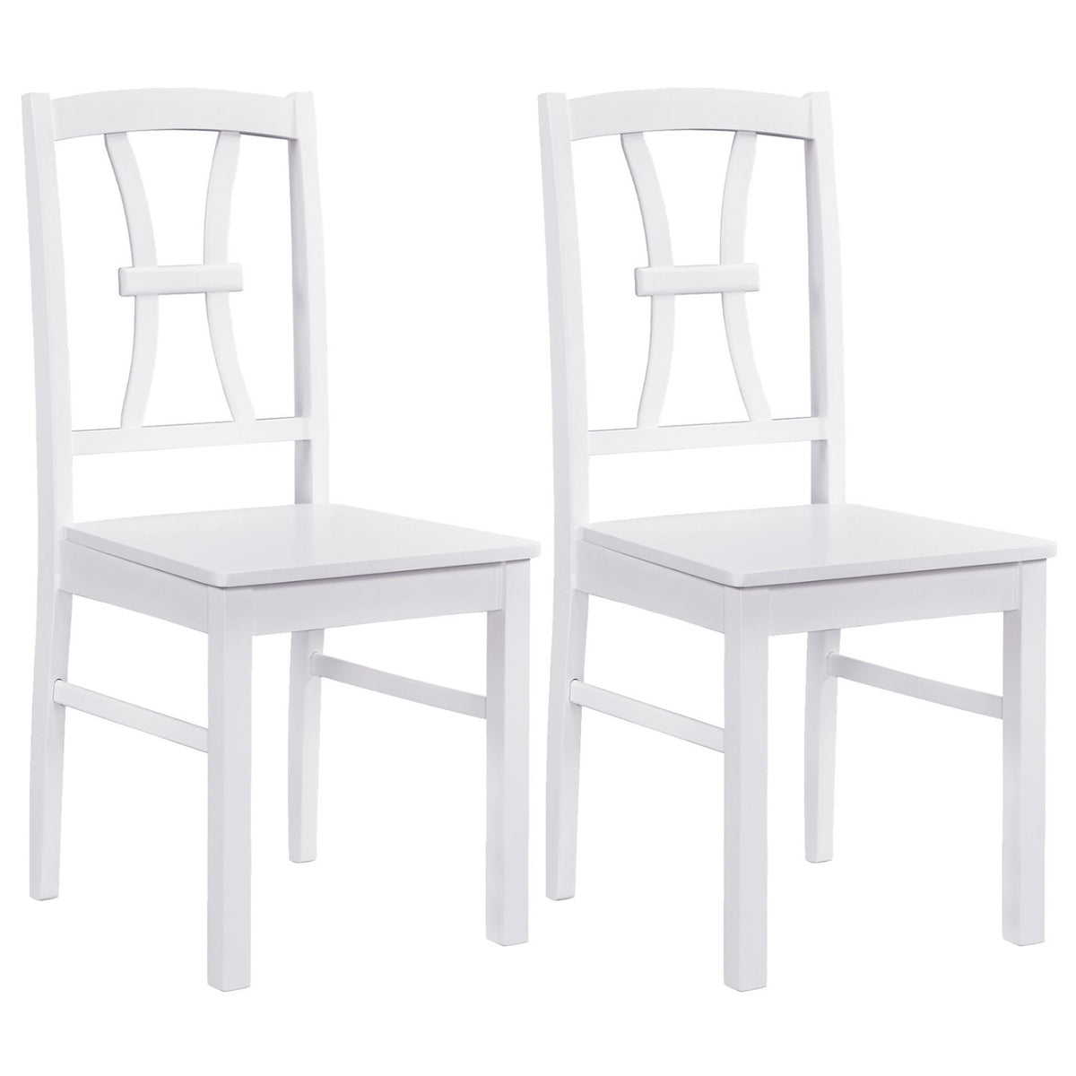 Two white cross-back dining chairs shown side by side against a plain background.