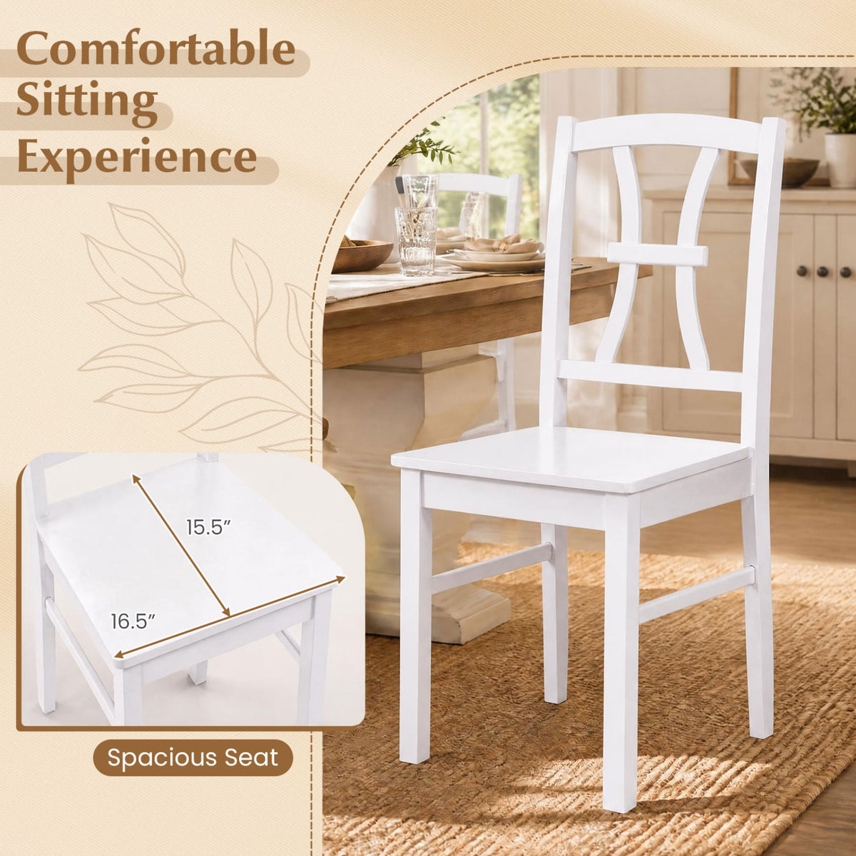 White wooden dining chair beside a table, with an inset view showing the seat surface and measurement arrows.