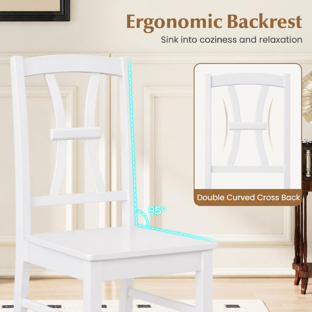 White wooden dining chair shown from the side, with an inset close-up of its curved cross-back design.