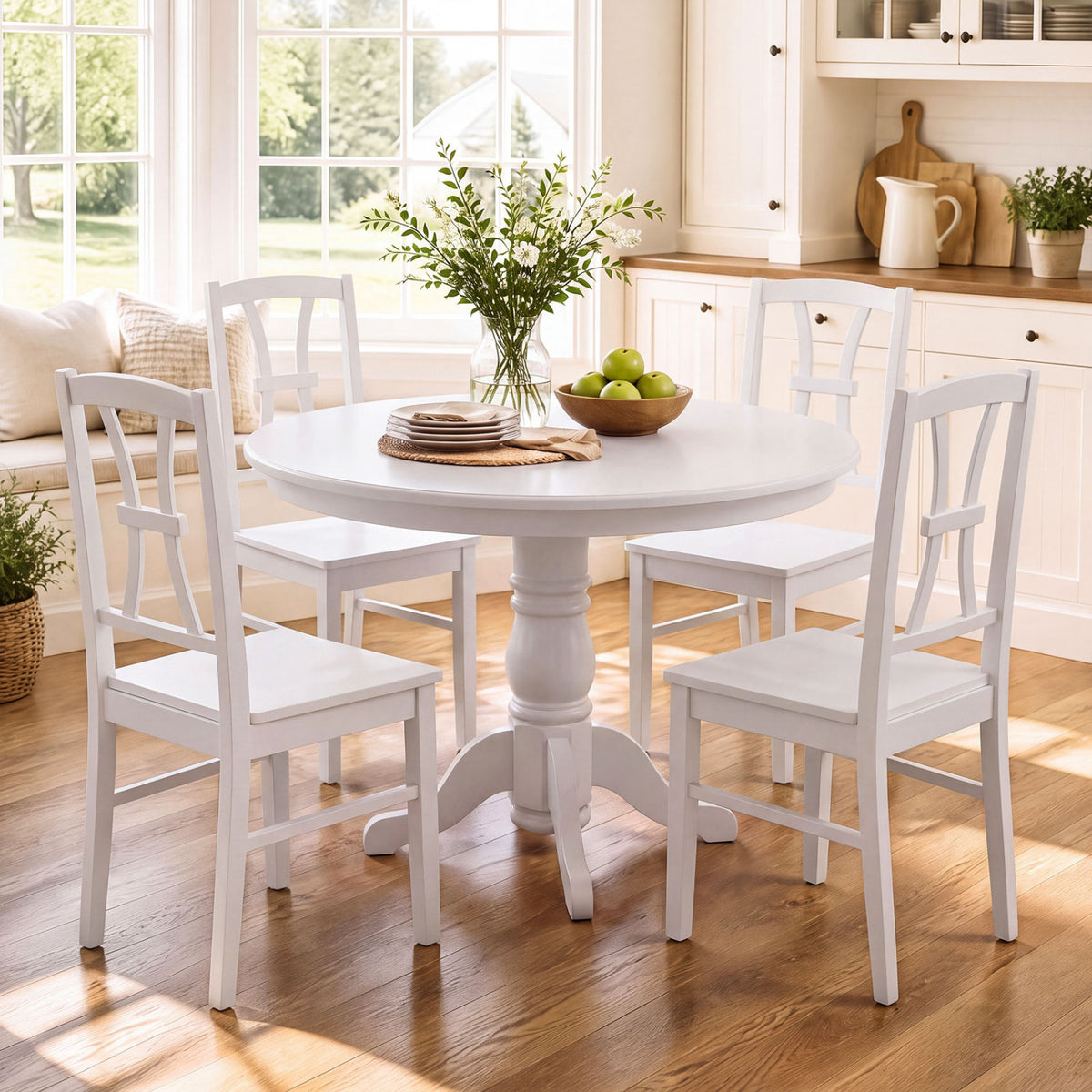 Four white cross-back chairs arranged around a round white dining table in a bright kitchen.