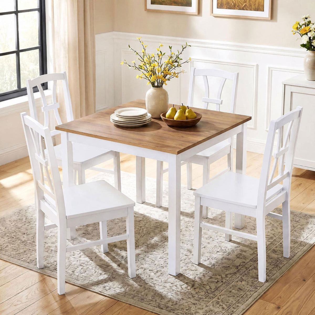 White cross-back chairs surround a square wood-top dining table in a sunlit dining room.