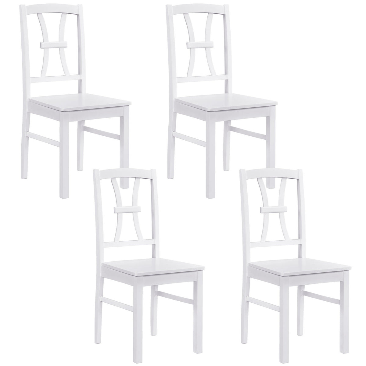 Four white cross-back dining chairs shown individually against a plain white background.