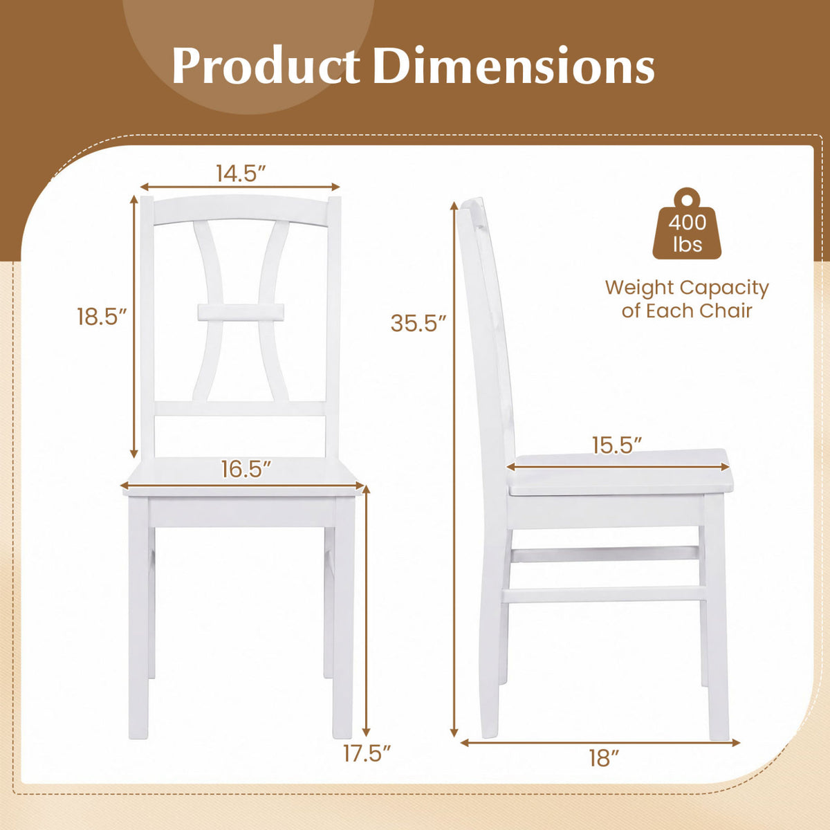 Side and front views of a white cross-back chair with measurement arrows and a weight-capacity badge.
