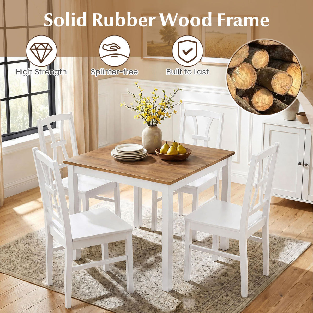 Four white cross-back chairs surround a wooden dining table in a bright dining room.
