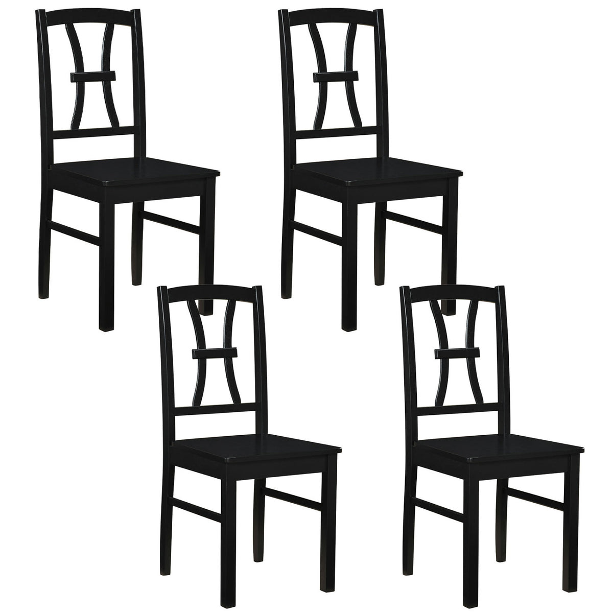 Four matching black dining chairs with curved cross-back details shown against a white background.
