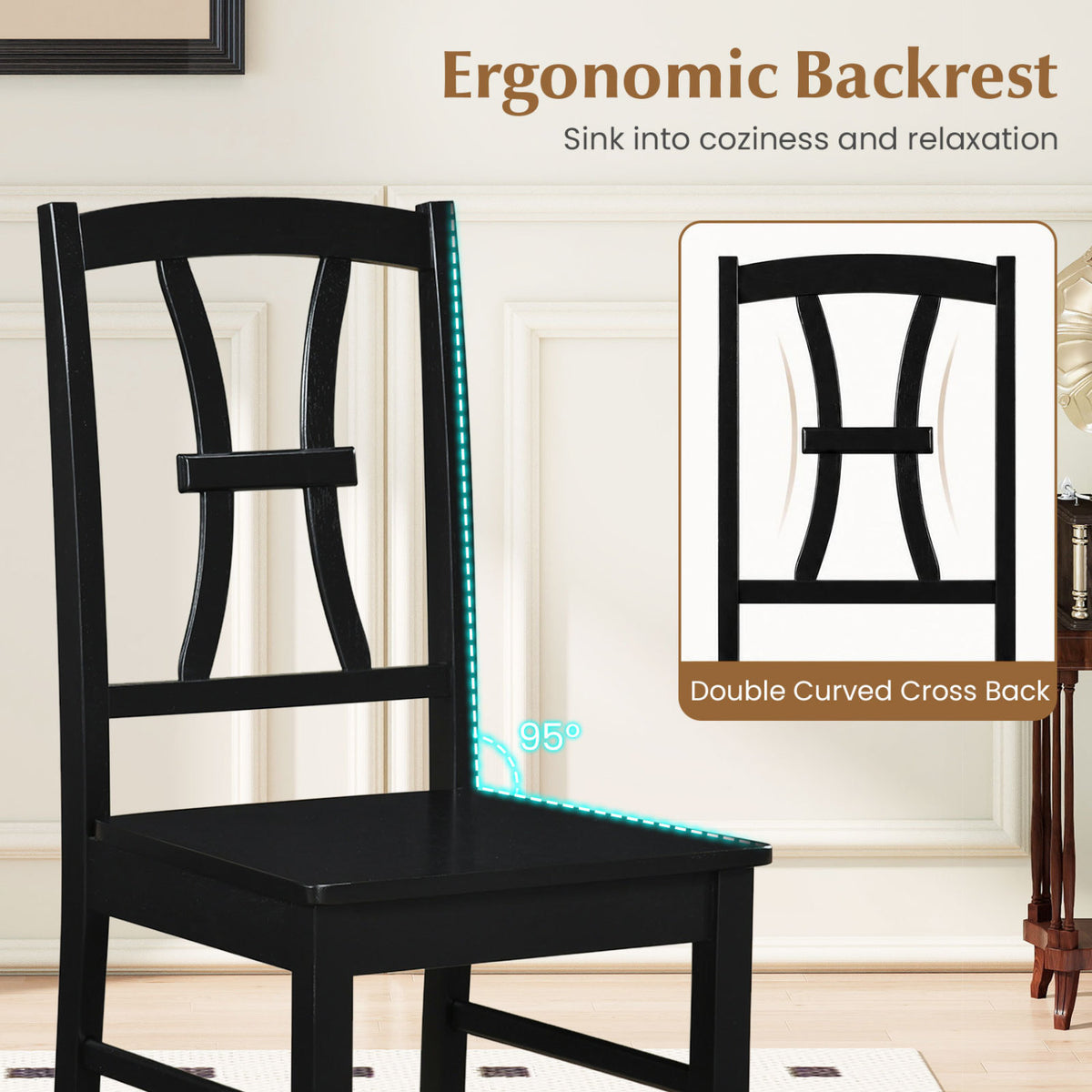 Black dining chair shown from the side, with a curved cross back and a turquoise angle graphic.