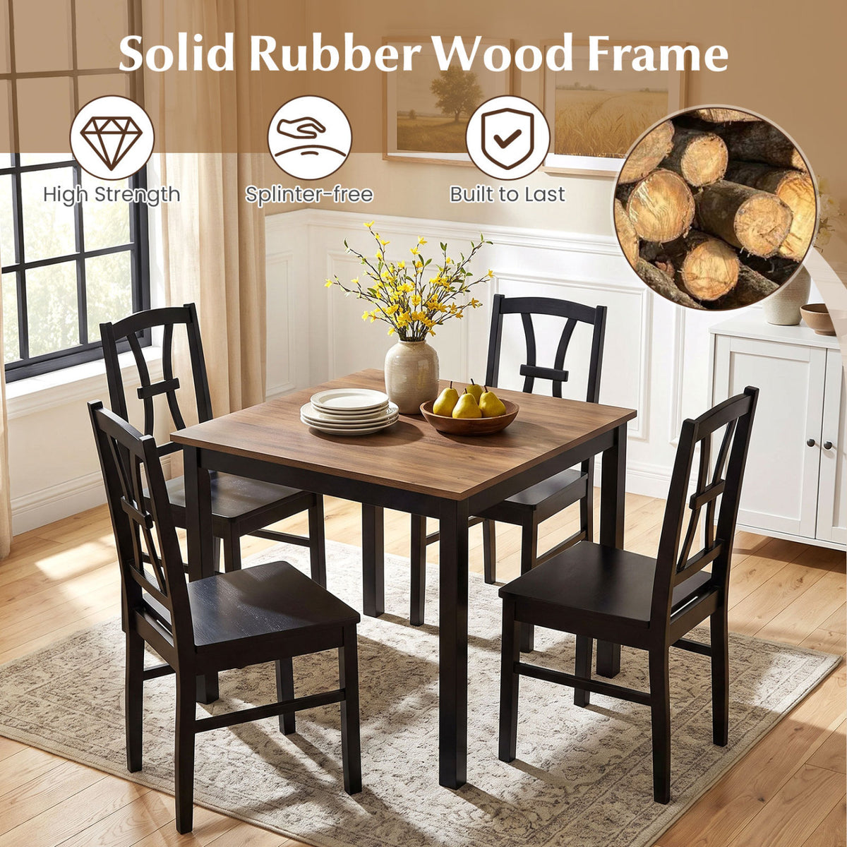 Four black cross-back chairs surround a wooden dining table in a bright dining room.