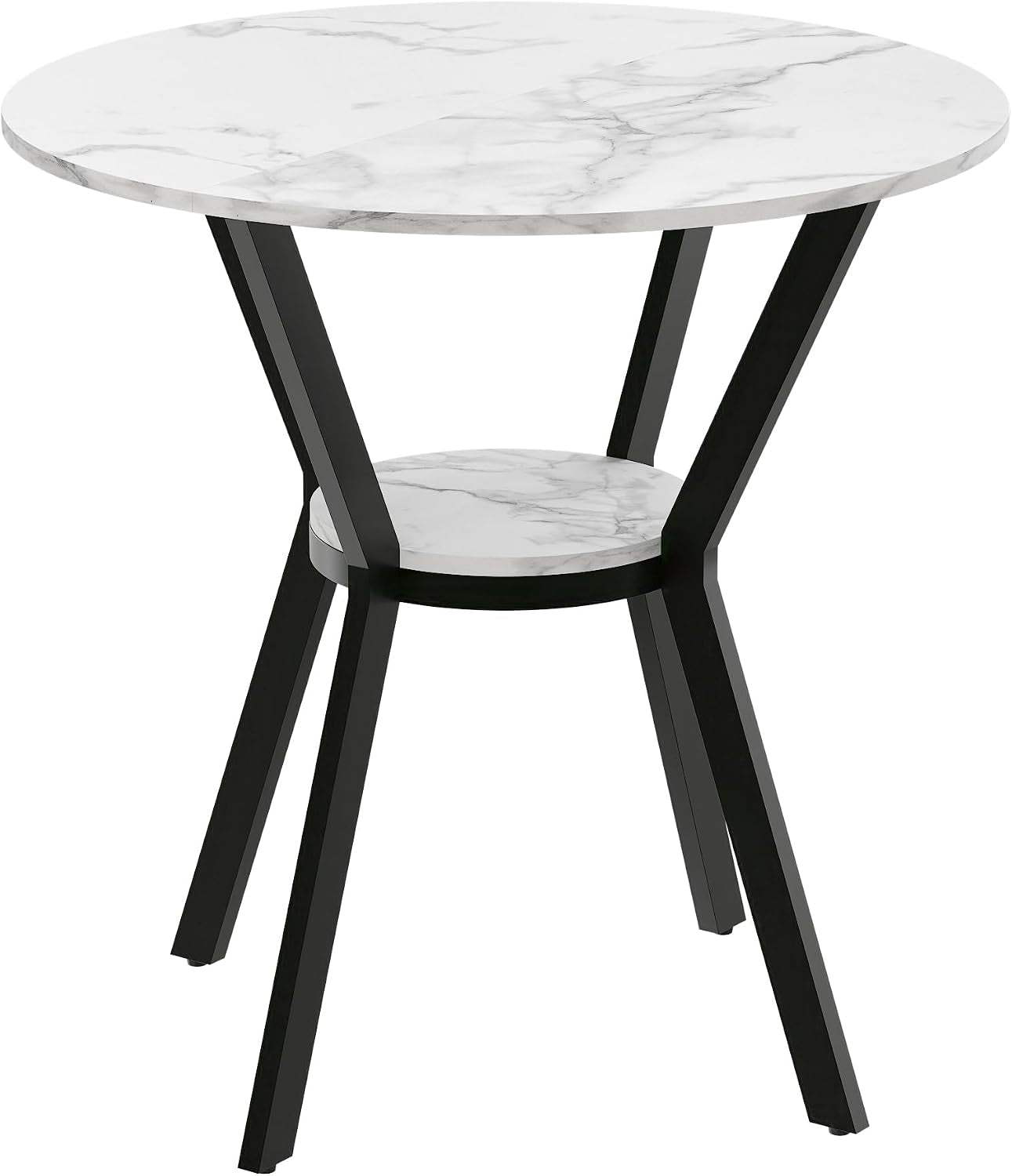 Isolated round table with white marble-look top, black angled metal legs and small round lower shelf on white background.