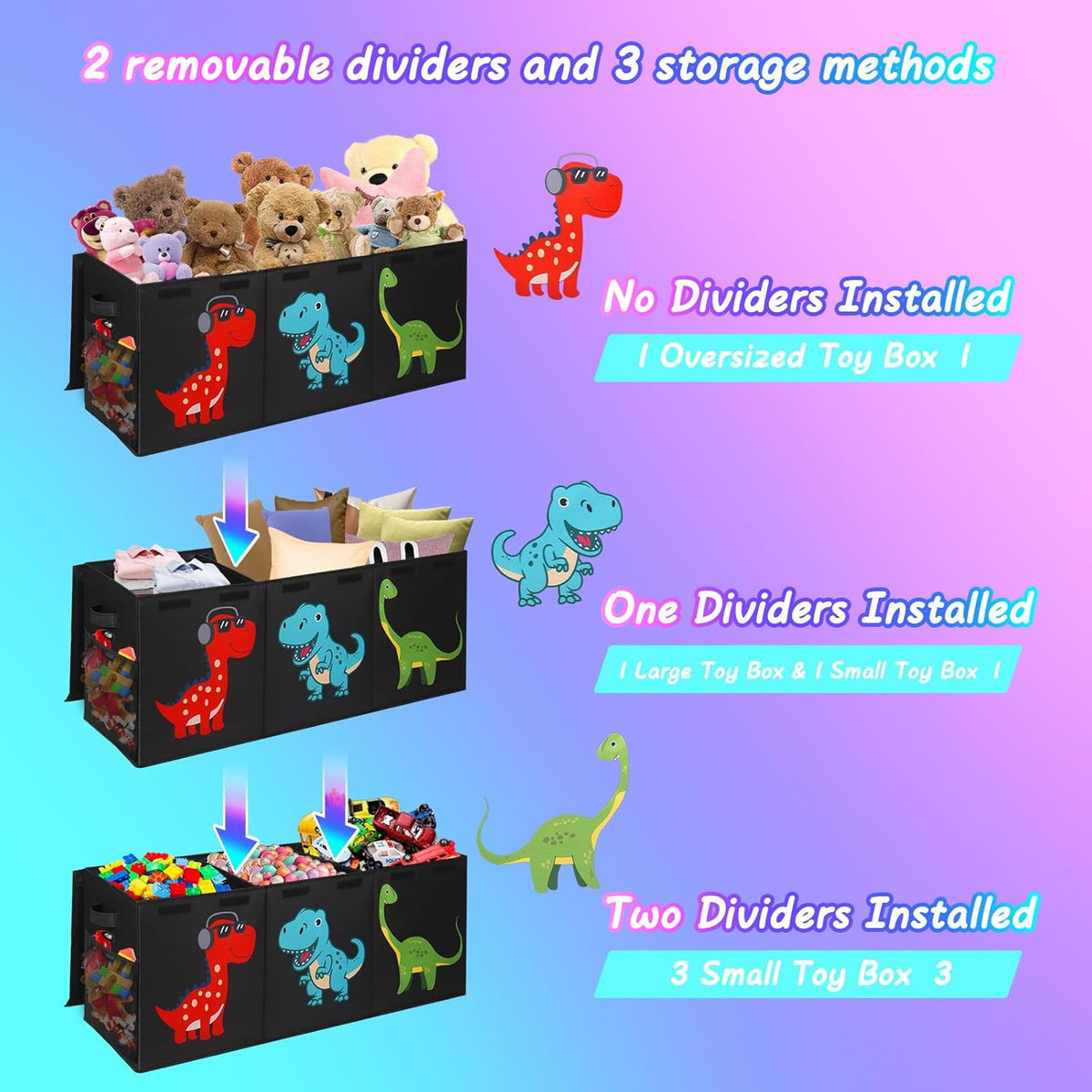 Three stacked product illustrations showing no dividers, one divider, and two dividers for different storage layouts.