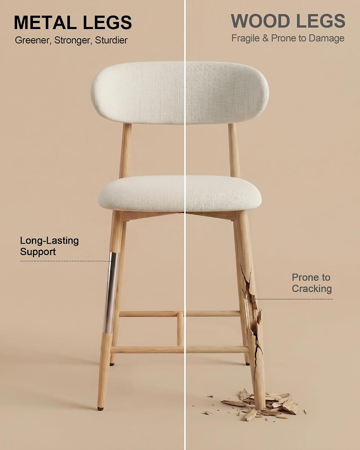 Split image comparing a stool with metal-reinforced leg on left and cracked wooden leg on right.