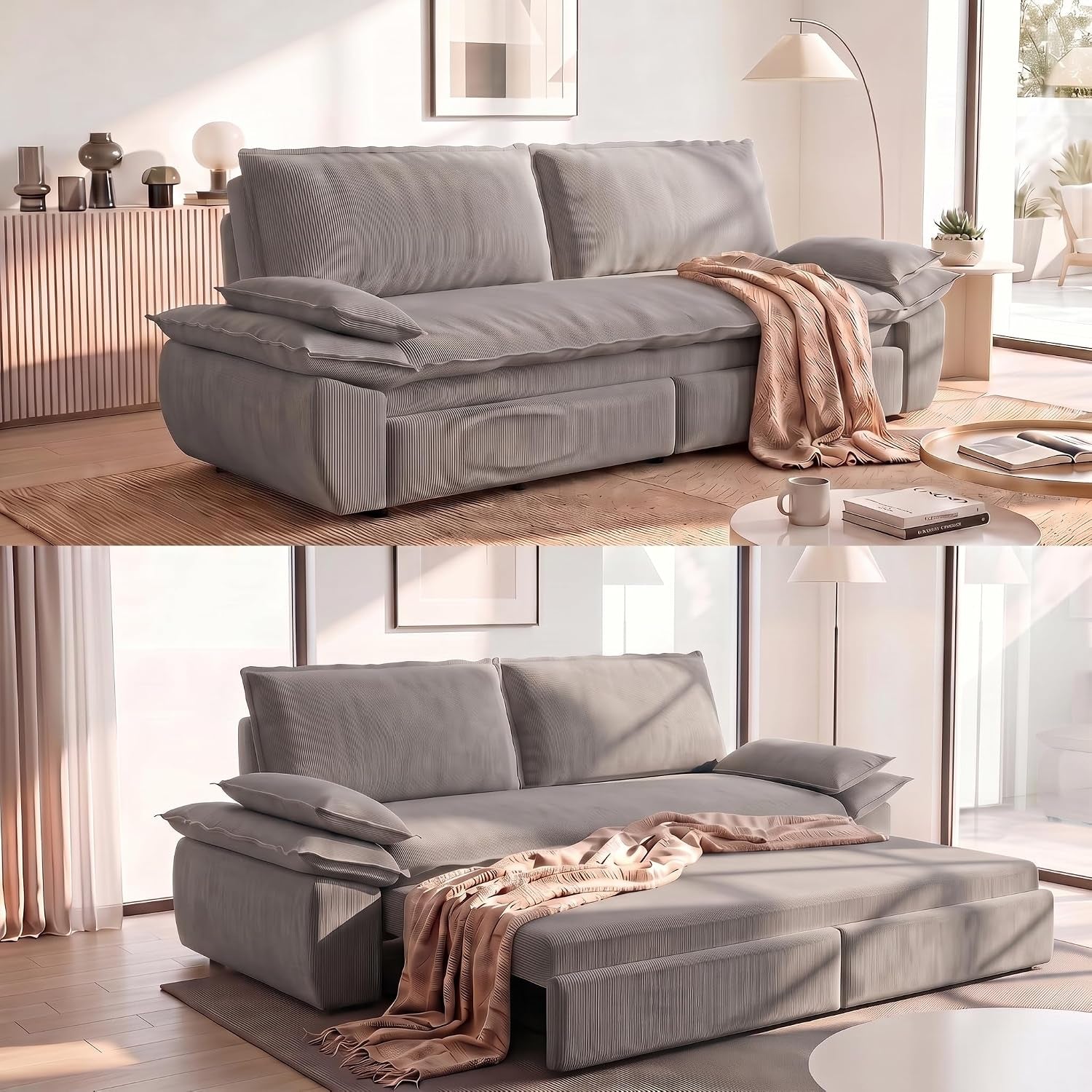 Beige corduroy convertible sofa in a sunlit living room; below, the matching pull-out sleeper extended with a throw.