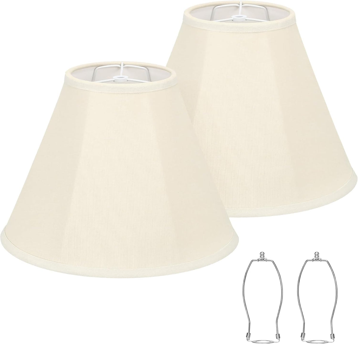 Pair of bell-shaped beige fabric lampshades with two chrome harp frames shown at slight angle
