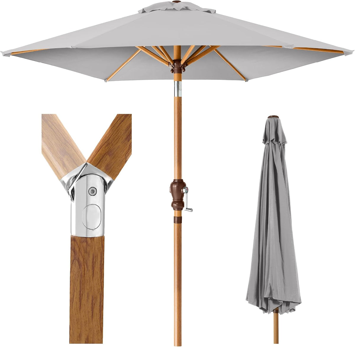 Gray 10ft market umbrella open with wood-look pole, crank close-up, and folded canopy at right