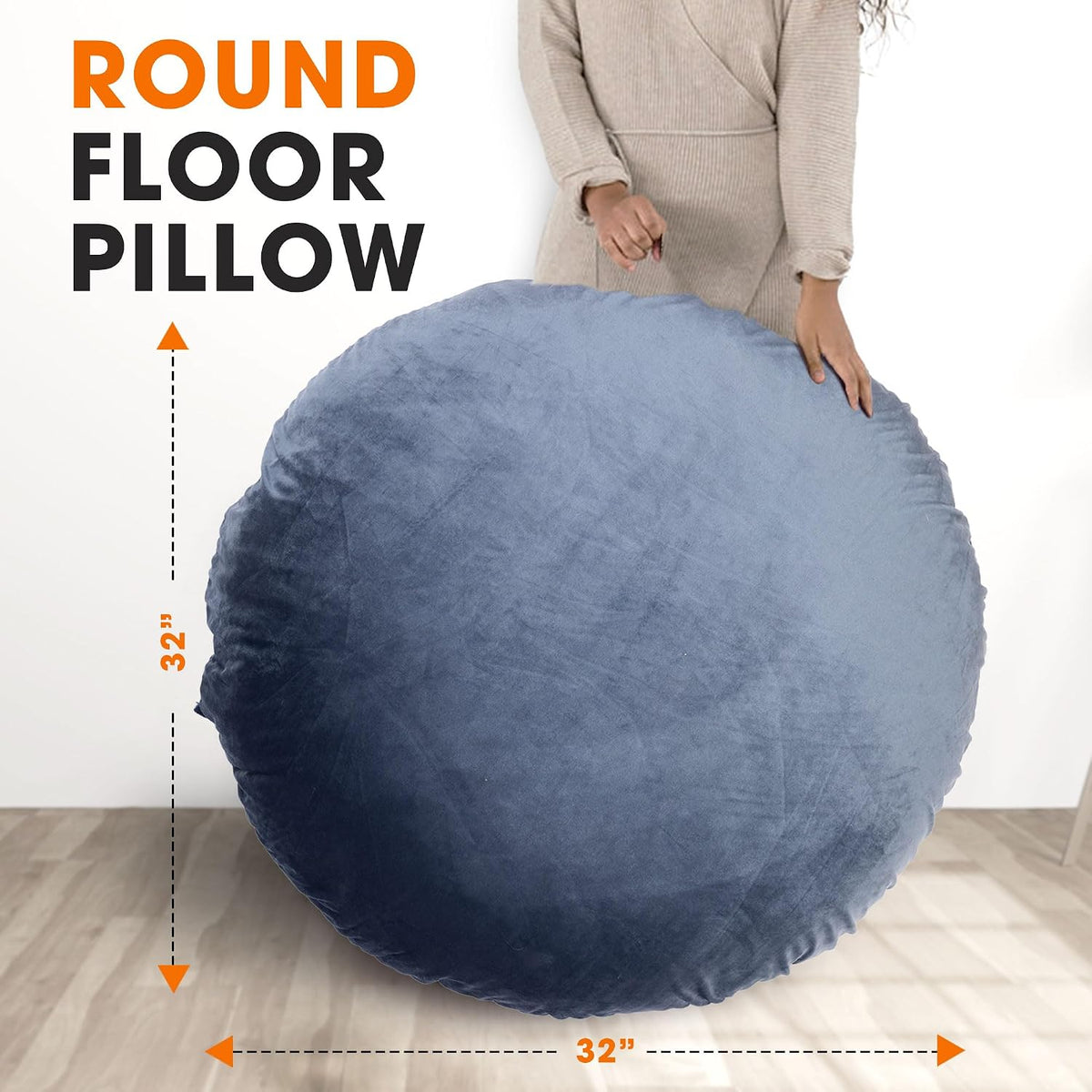 Oversized blue round floor pillow held upright with arrows indicating its large diameter in a studio setting