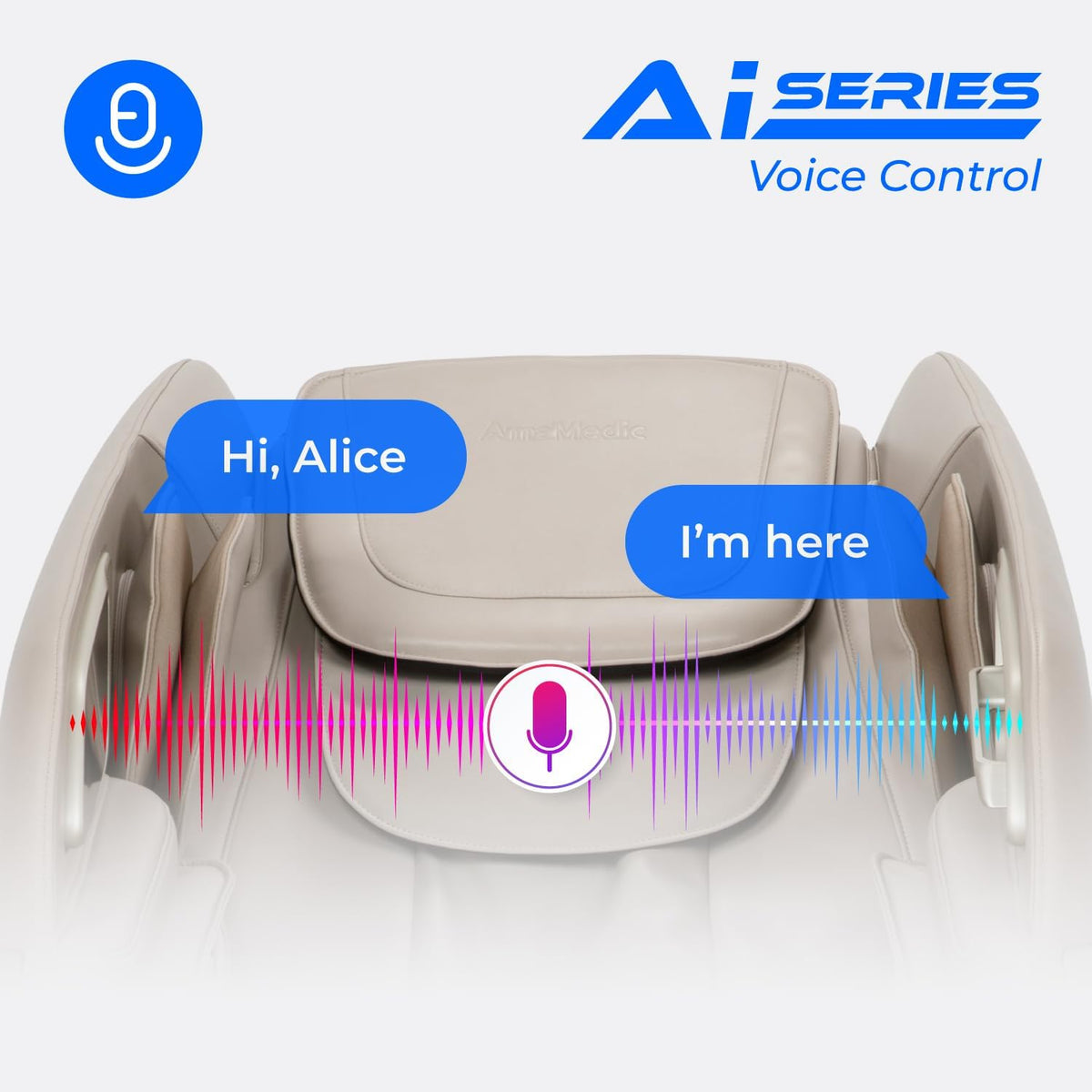 Top-down view of the headrest area with a microphone icon, colorful soundwave and speech bubbles illustrating voice control