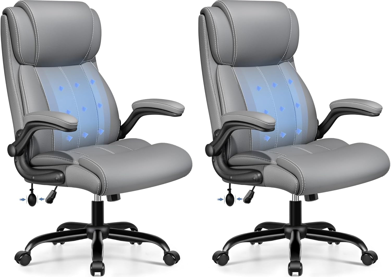Two gray high-back office chairs side by side, both shown at a slightly angled front view.